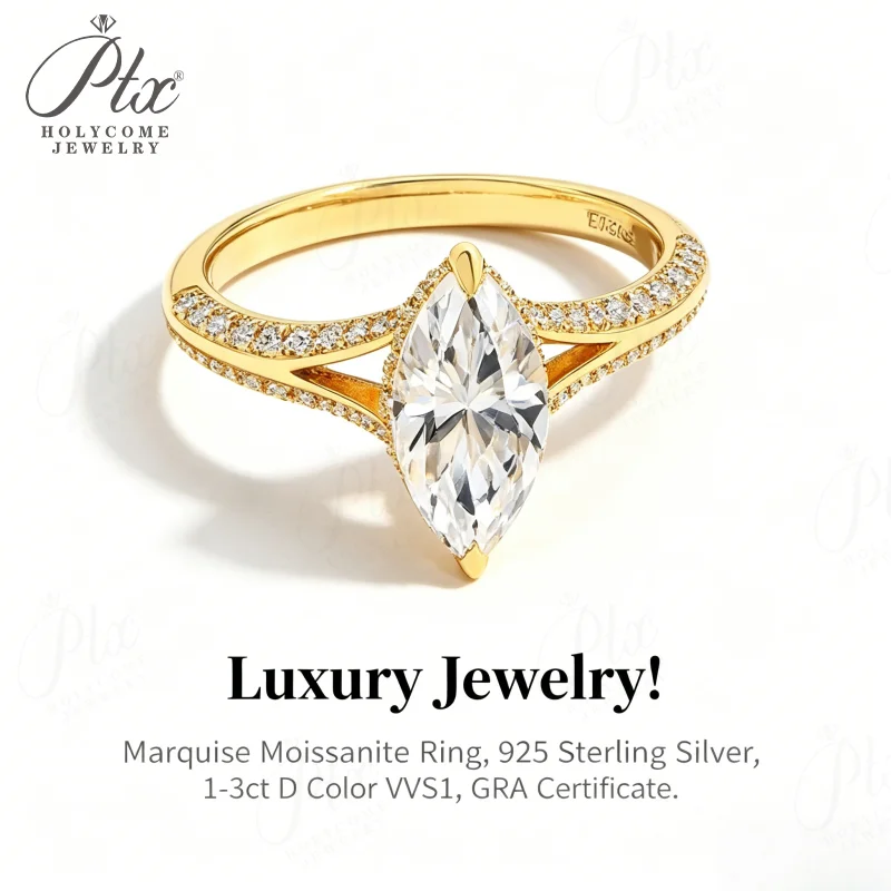 

Moissanit Ring 925 Silver GRA Certified D Color Stone Exquisite Marquise Design Fine Jewelry Hypoallergenic Daily Versatile Wear