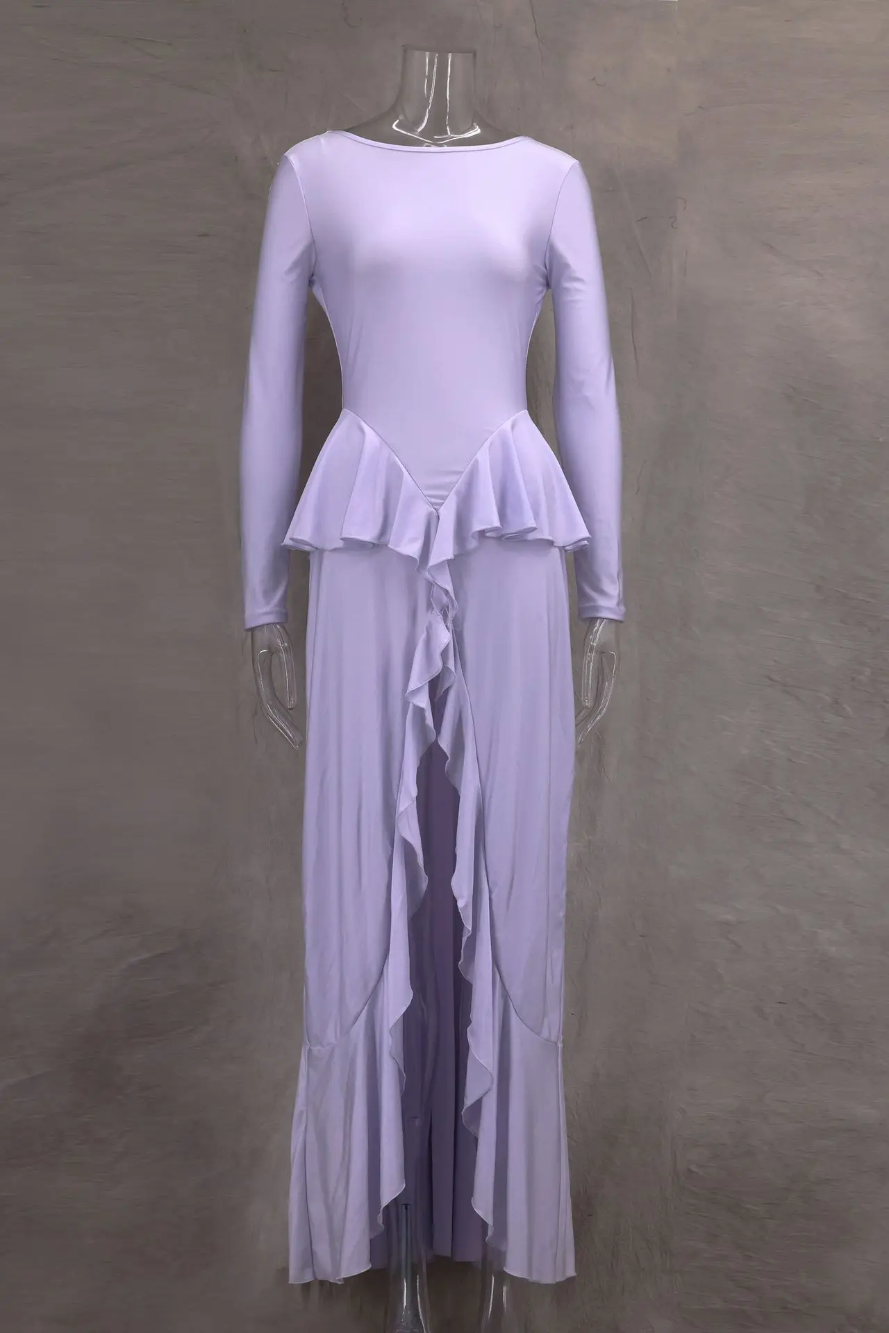 جديد 2025 أزياء أنيقة للنساء حافة أوراق اللوتس غير النظامية عارية الذراعين تكدرت مرونة عالية ضيق كم طويل مساء فستان طويل #4