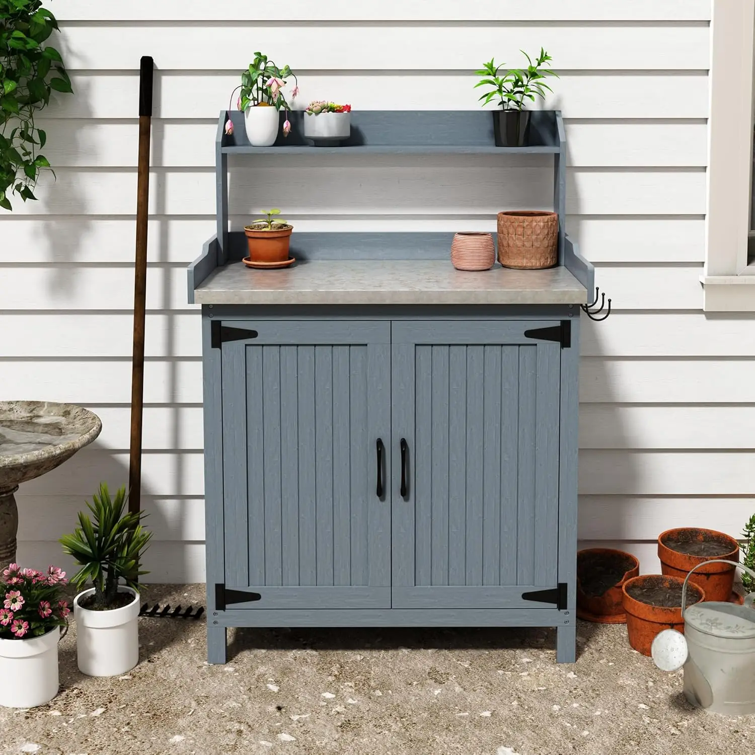 

Outdoor Potting Bench Table, Wooden Gardening Table with Metal Tabletop and Storage Cabinet, Planting Table