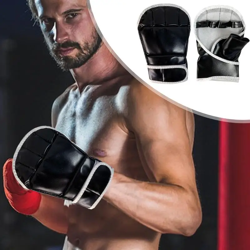 1Pair Black Half Finger Boxing Gloves PU Leather Fighting Kick Boxing Gloves Karate Muay Thai Training Workout Gloves Kids Men