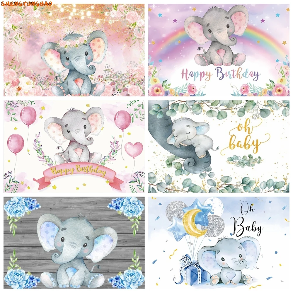 

Newborn Baby Shower Elephant Backdrop Girl Boy 1st Birthday Party Pink Blue Flower Elephant Photography Background Photo Studio