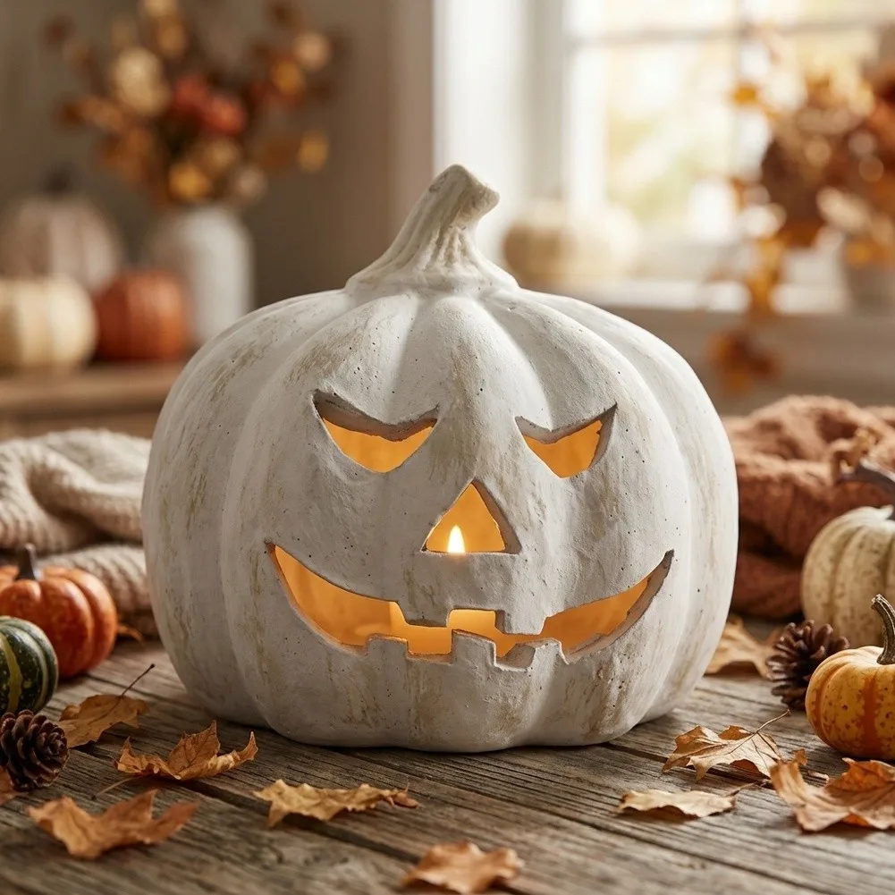 Festive Resin Pumpkin Lantern for Autumn Decorations Featuring Weather Resistant Construction and Elegant Carving for Home Porch