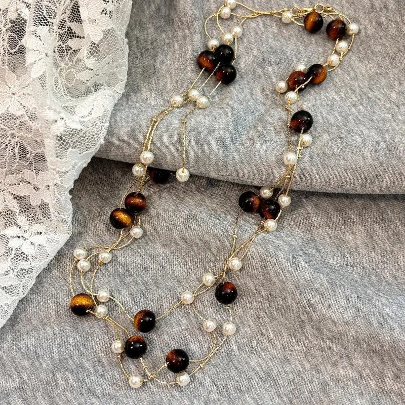 1Pcs Retro Stackable Glass Bead Sweater Neck Chain Multi-layer Tiger's Eye Stone Necklaces For Women Charms Jewelry Gifts
