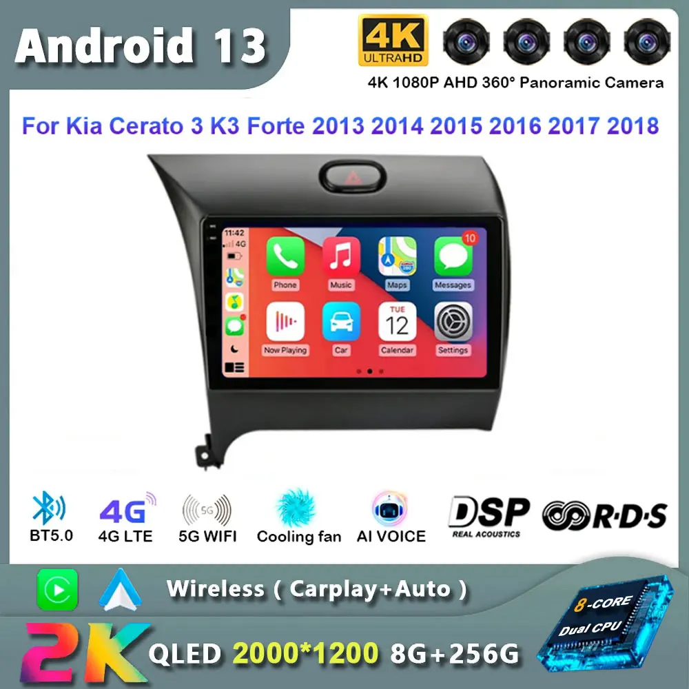 

Android13 Car Radio For Kia Cerato 3 K3 Forte 2013-2018 Stereo Carplay Multimedia Video Player GPS Navigation BT 2din DVD 4G WIF