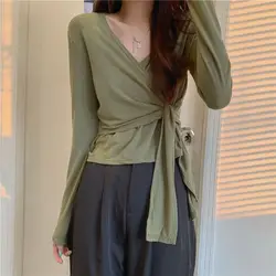 T-shirt Women's Autumn New Design Sense Cross Strap V-neck Slim Fit and Slimming Short Style Long Sleeved Top Trendy