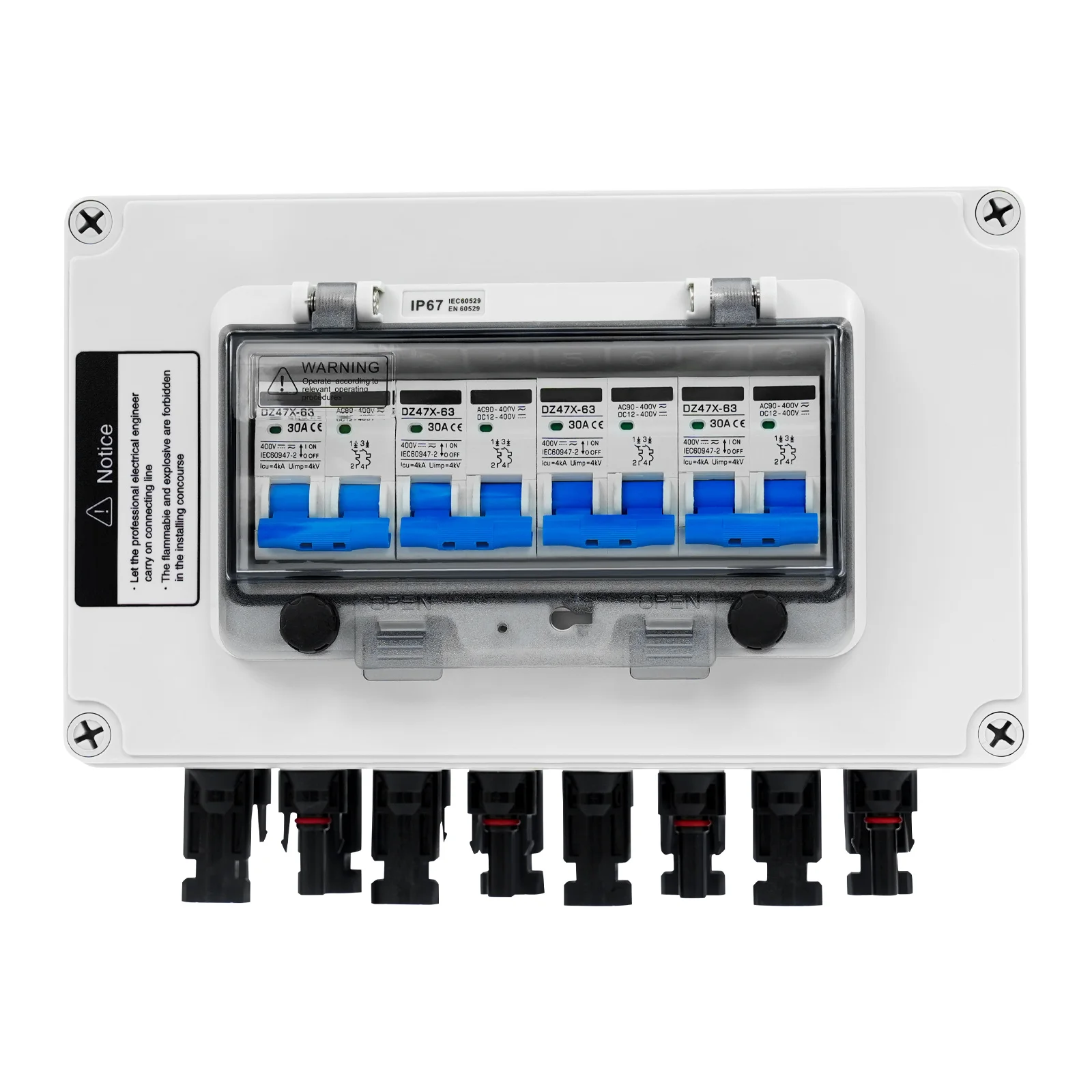 30 A Photovoltaik-DC-Schalter, 4 Saiten, DC-Trennschalterkasten, 4 Eingänge, 4 Ausgänge, Solar-Leistungsschalter, PV-Kombinator