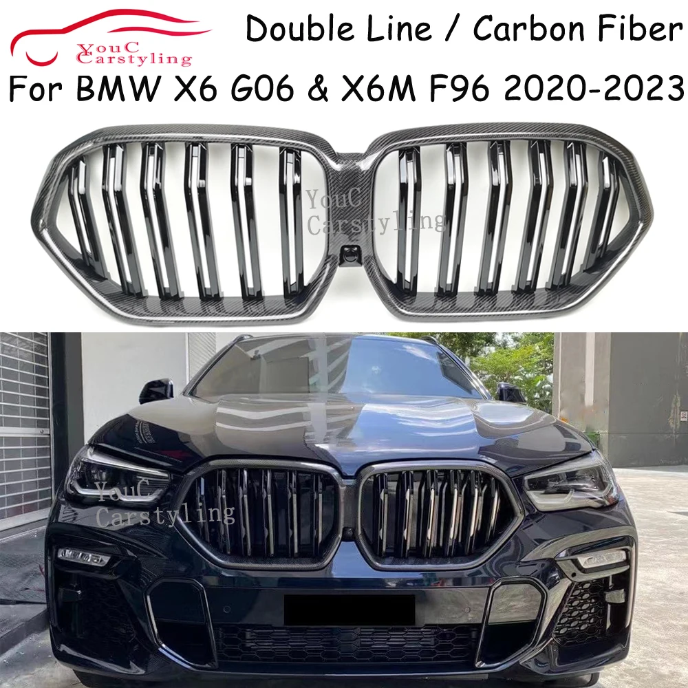 G06 Carbon Fiber Double Slat Gloss Black Front Bumper Kidney Replacement Grille For BMW X6 G06 X6M F96 2020 2021 2022 2023