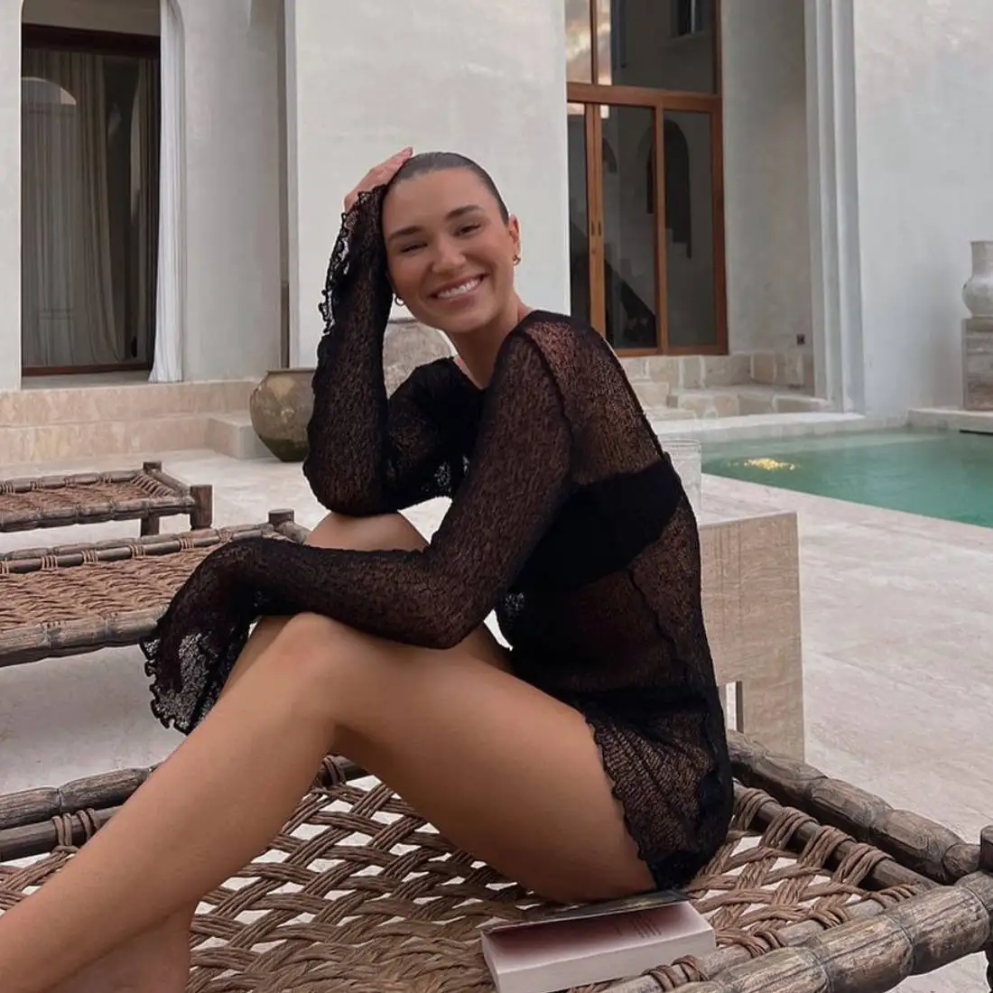 DSMTRC ยืดไวน์แดงแขนยาว Cover Up Beach Mini Dress ผู้หญิงฤดูร้อนเซ็กซี่ Sheer Backless บางถักชุด