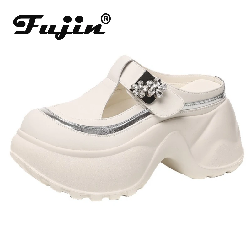 

Дышащие сандалии из микрофибры Fujin 9 см из искусственной кожи, обувь высокого бренда на плоской подошве, женские тапочки с круглым носком на платформе, на танкетке