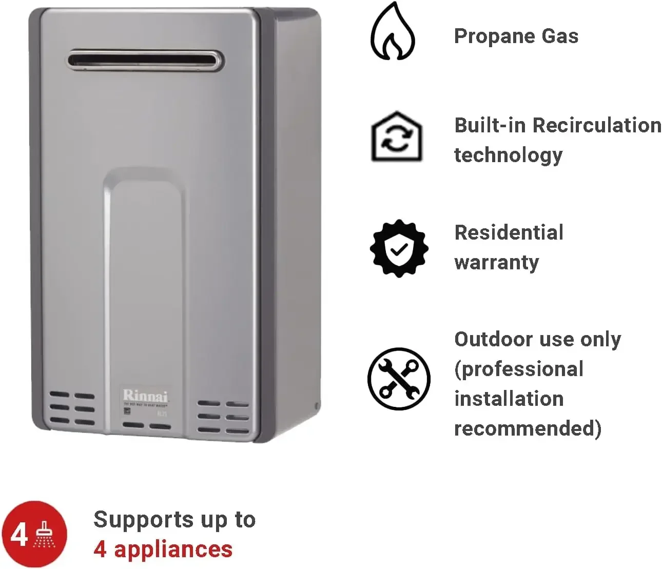 RL75eP Tankless Hot Water Heater, 7.5 GPM, Propane, Outdoor Installation