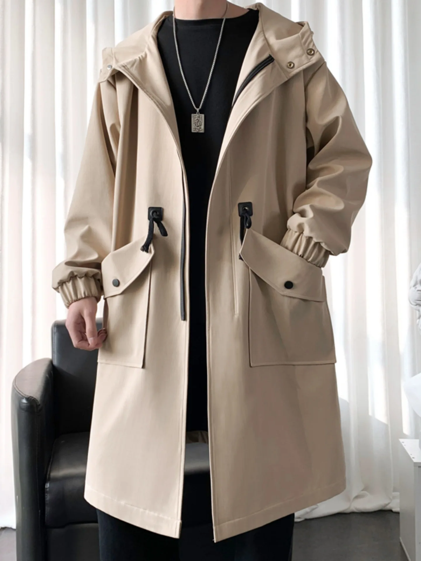 

Мужское длинное пальто цвета хаки с капюшоном, модное осеннее пальто в британском стиле, верхняя одежда до колен