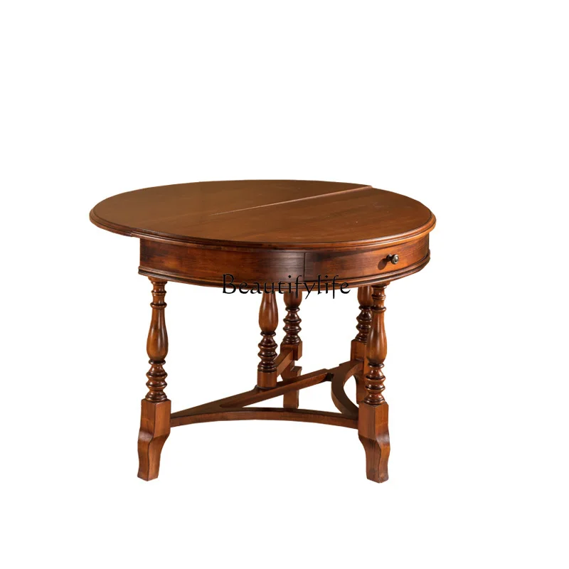 

American all-solid wood small round table foldable household dining table can store semi-circular arc