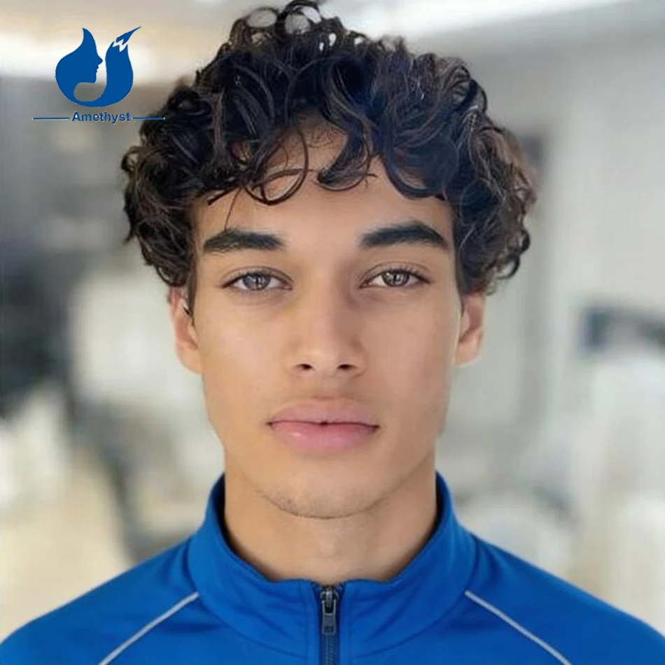 

Аметистовый натуральный черный предварительно выщипанный вьющийся короткий парик пикси с челкой, предварительно выщипанный парик 13x6, парик спереди, настоящие человеческие волосы для мужчин