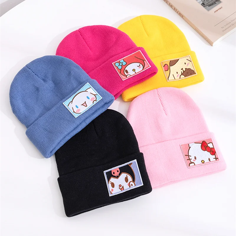 Hot Sale Saniro Hello Kitty Beanie Hat Candy Color Winter Hat Women Cute Cartoon Cinnamoroll Melody Kuromi Winter Knitted Hat