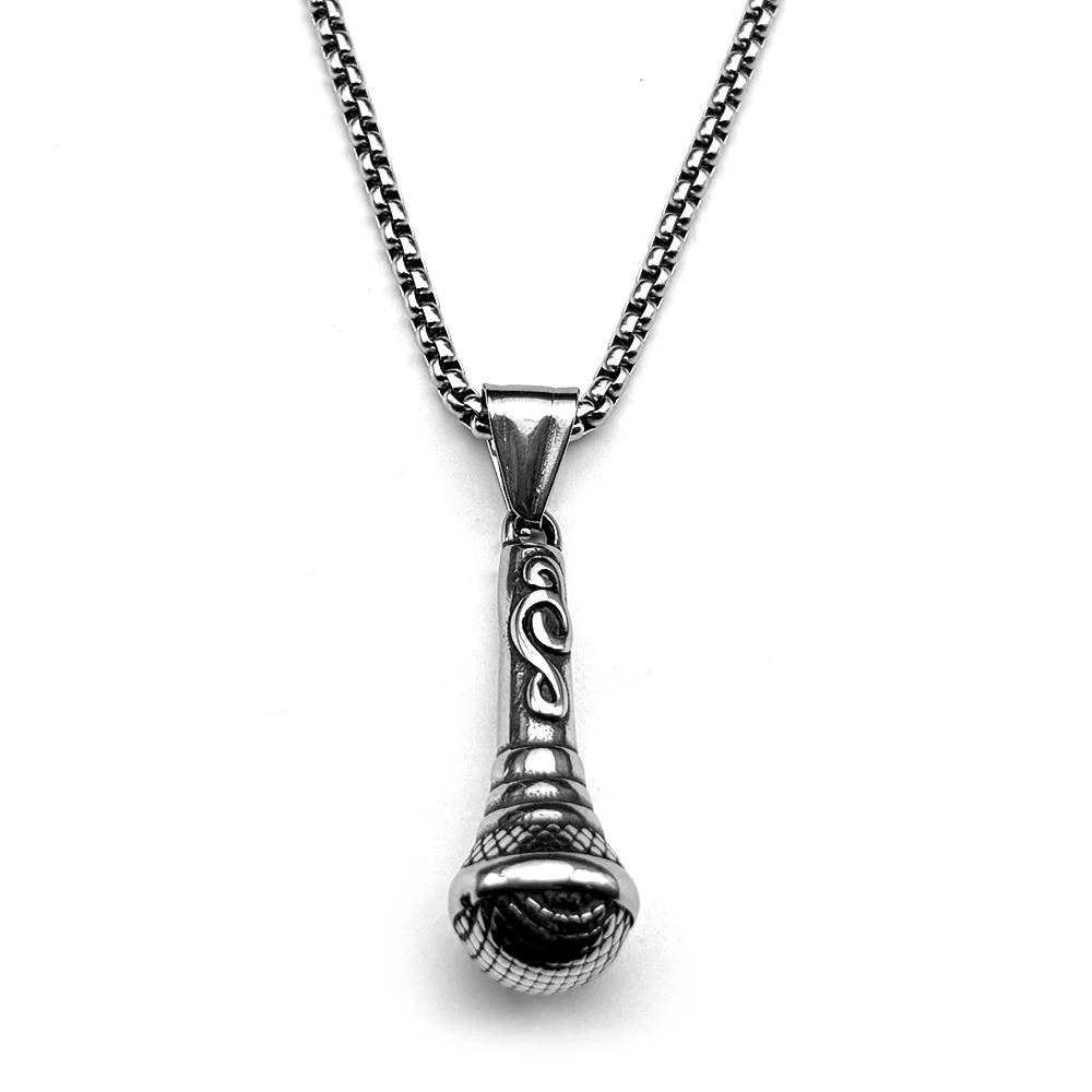 Hiphop Retor Microphone Chain Women Men Stainless Steel Black Dark Punk Music Pattern Totem Snake Rock Simple Daily Wear Jewelry