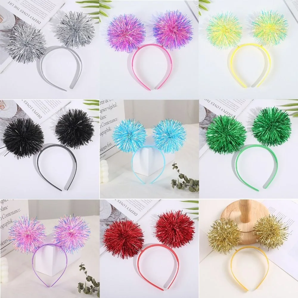 عصابة رأس عصرية بلينغ بوم بوم، عصابة رأس لطيفة ملونة للحفلات، عصابة رأس على شكل كرة بوم بوم للنساء والفتيات باللون الوردي