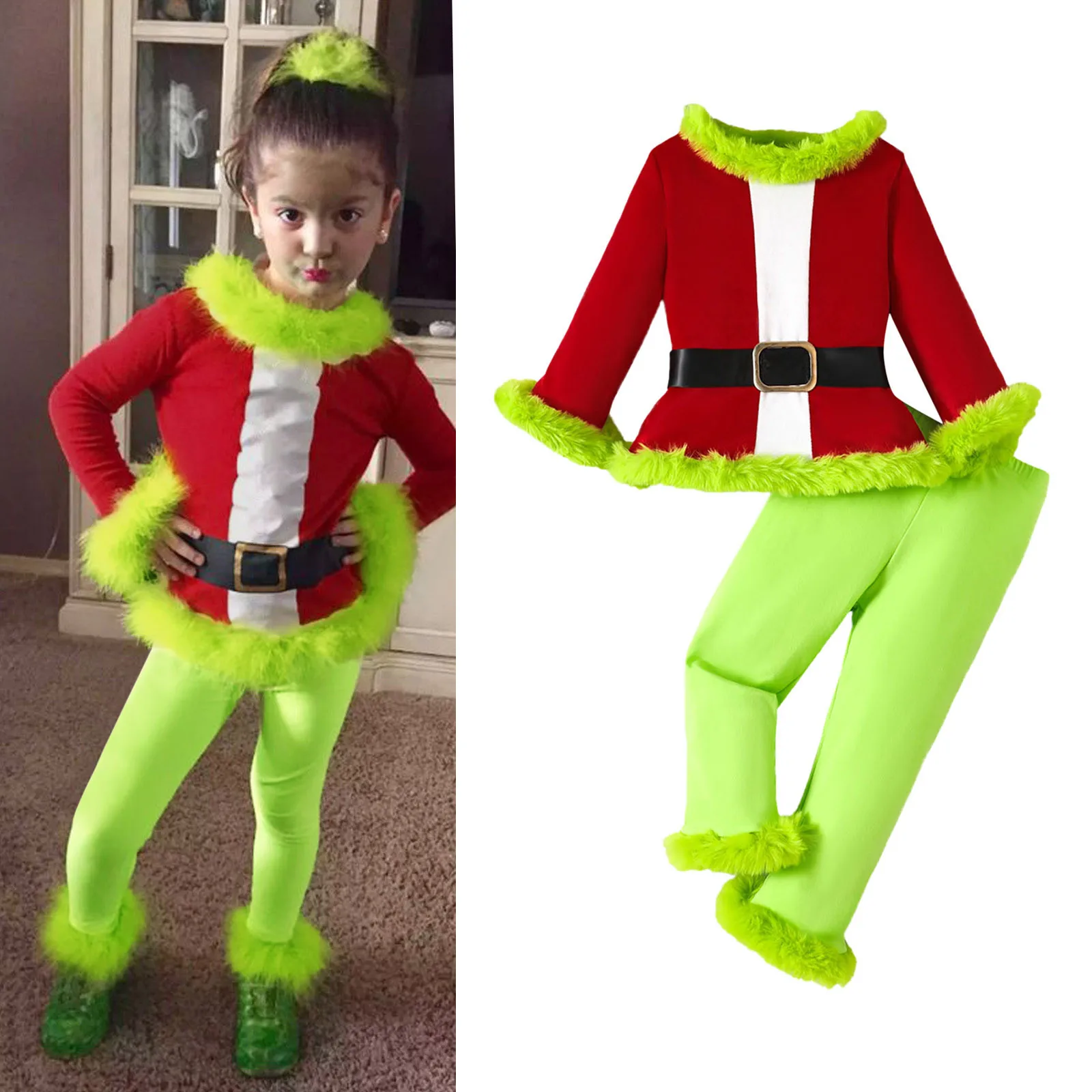 Toddler Girls Christmas Costume Warm Winter Long Sleeve Fleece Tops Pants Cosplay Perform Outfits 1-5 Years Christmas Clothes