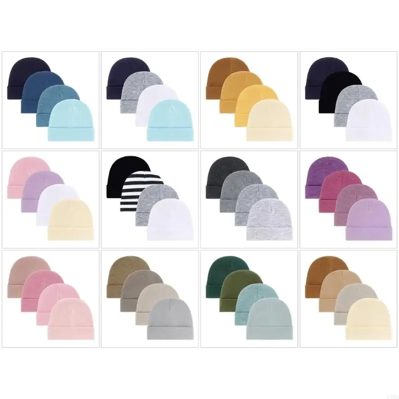 

4pcs Soft Baby Bonnet Caps Stretchy Unisex Fetal Hats for 0-3 Month Olds Machine Washable Cotton Infant Accessories L8RB