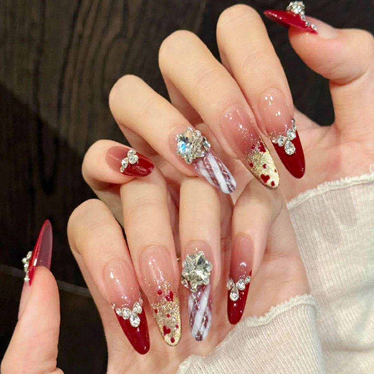 24pcs Cat's Eye French Full Cover Fake Nail Tips Diamond Flower Pearl Press on Nails Fashion Artifical Long Almond False Nail image 3