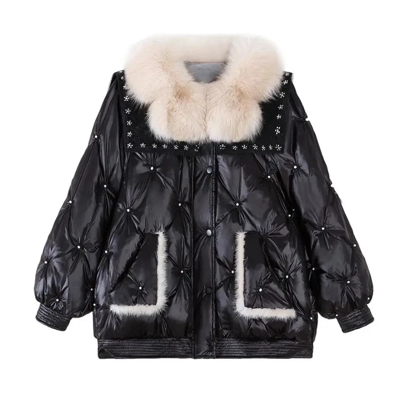 Fashion Women Short Stitching Fur Parka Coat Winter Imitation Fox Fur Collar Embroidered Beaded Navy Collar Cotton Jacket Female