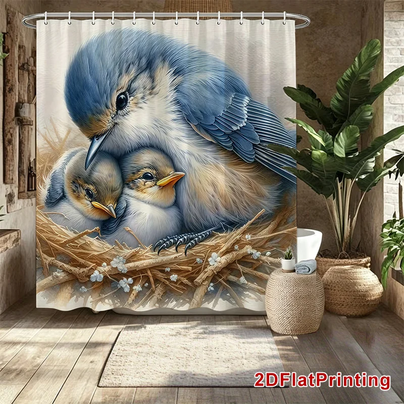 Cute Baby Blue Birds Nesting Scene Shower Curtain Waterproof Bathroom Decor Art Print