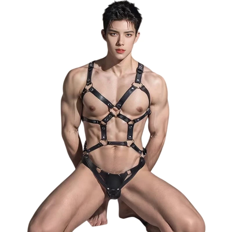 

1118 Men's Fashion Leather Strap Bodysuit with Adjustable Hollow Out Waist Belt for Adults Intimate Role Play Toy Accessory Fun
