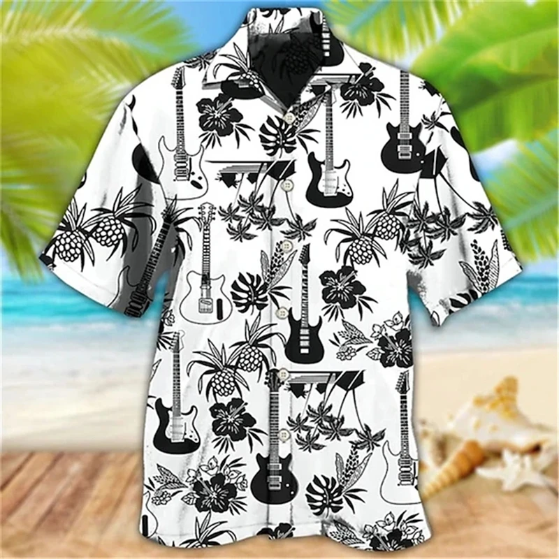 Funny Summer Hawaiian Shirts For Men Music Guitar Printed Tops Clothing Fashion Casual Oversized Collar Rock And Roll Blouses