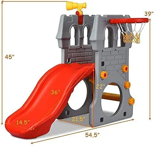 Toddler Slide Playground Climber Set, 5 in 1 Slide for Kids with Basketball Hoop, Telescope, Crawl Through Space, Easy Climb Sta