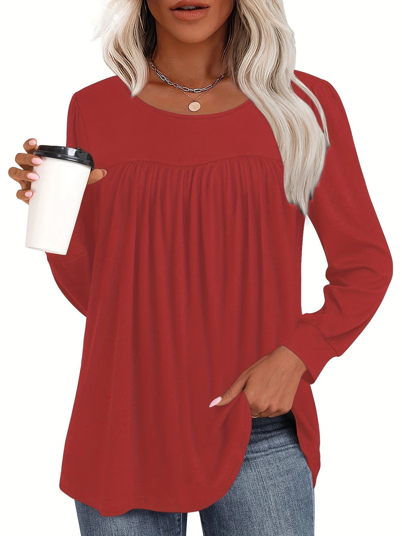 Plus Size Damen Langarm-Plissee-Oberteil für Stilvollen Komfort – Detail 7