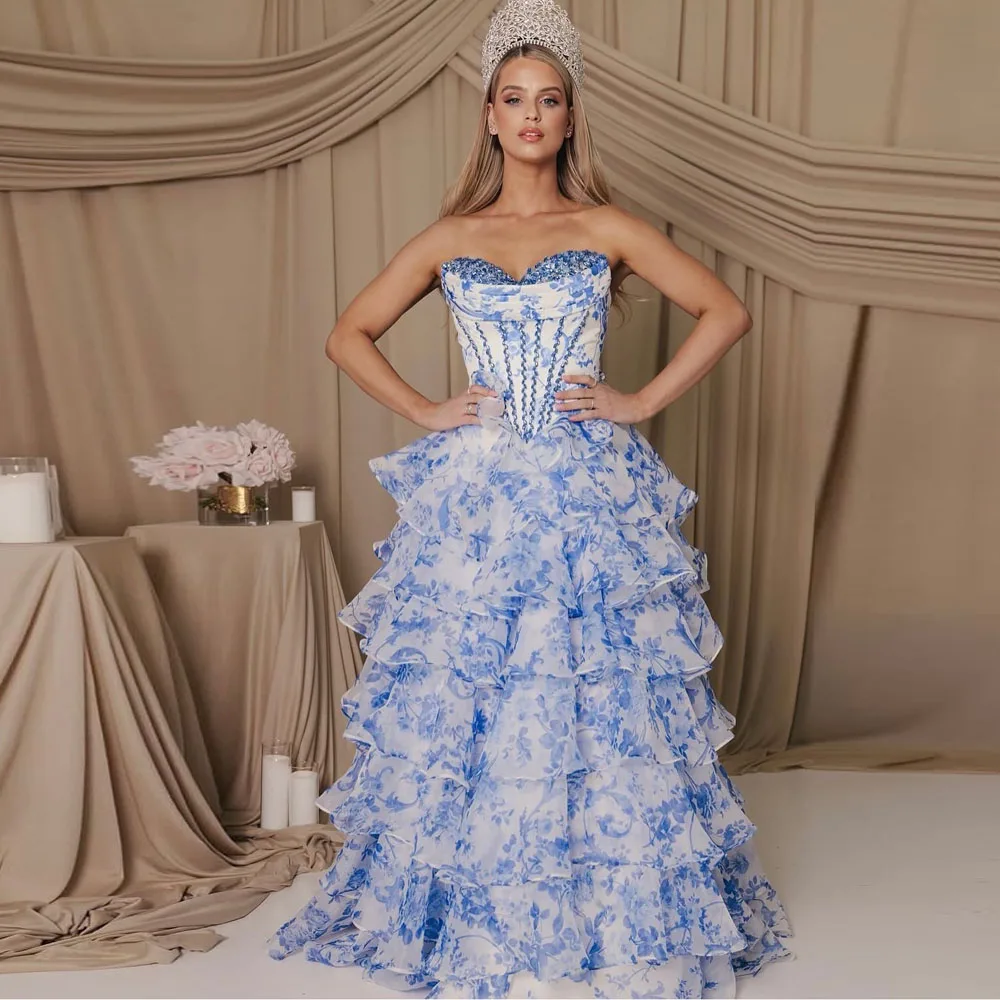 

Princess Print Floral Layered Evening Dresses Shiny Crystal Beaded Long Formal Dress Garden Bridal Dress