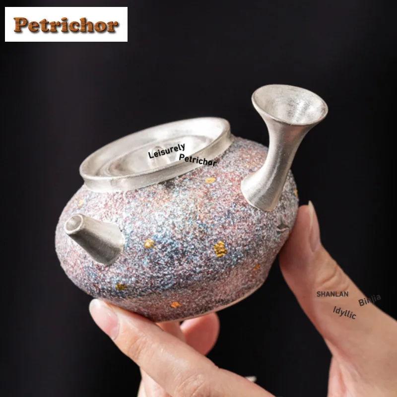 

120ml Gilt Silver Rainbow Glaze Side Handle Teapot Elegant Tea Infuser Pot Tea Brewing Kettle With Ball Hole Tea Services Craft