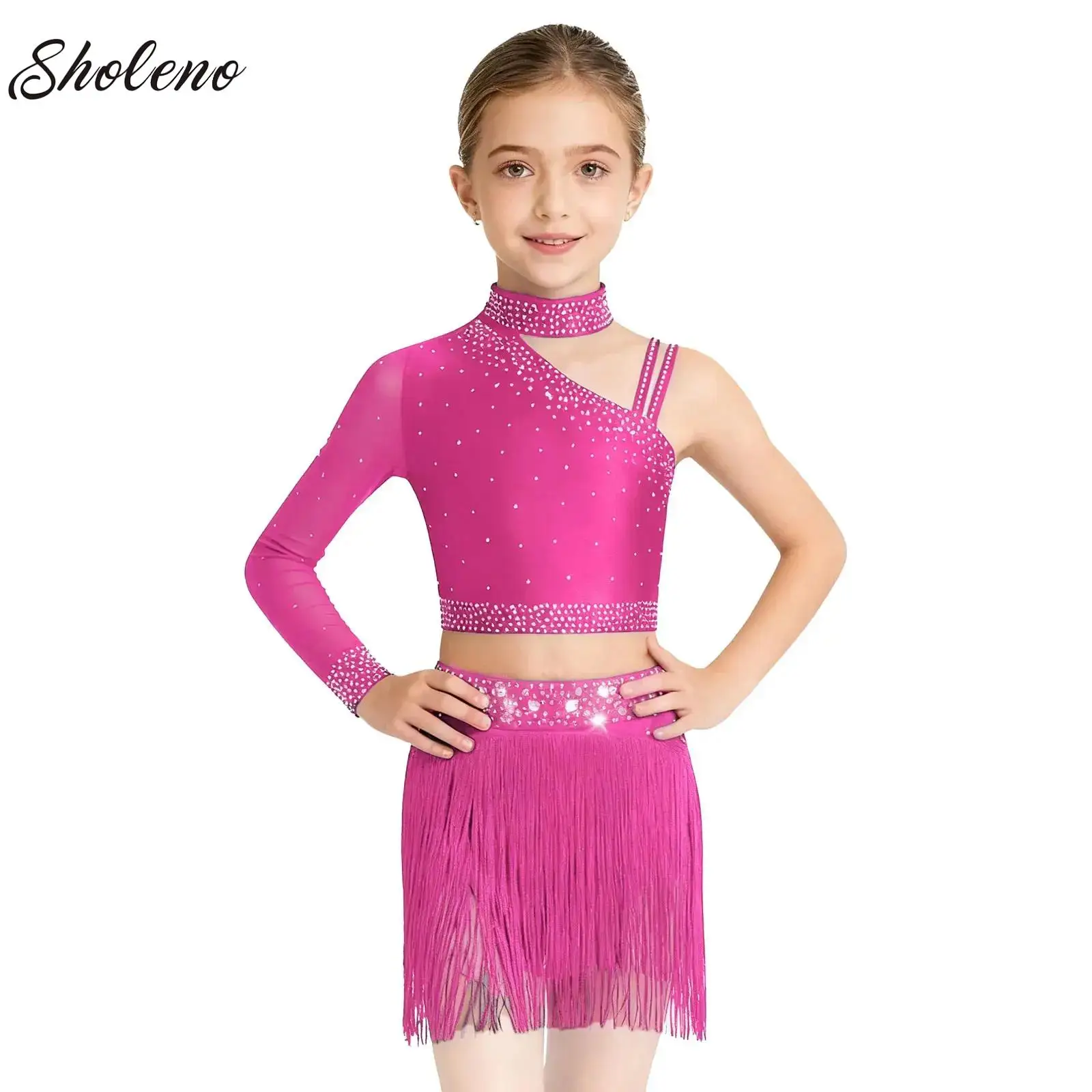 

Kids Girls Latin Jazz Dance Sets Shiny Rhinestones Ballet Lyrical Dance Outfit Sequin Fringe Stage Performance Lyrical Dancewear