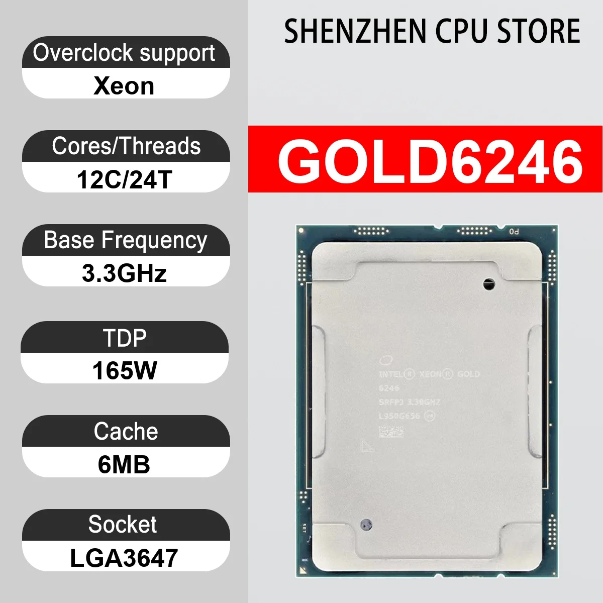 Intel Xeon GOLD6246 12 Core 24 Thread 3.30GHz 165W 6MB Cache 14nm LGA3647 SRFPJ DDR4-2933 MHz Cascade Lake