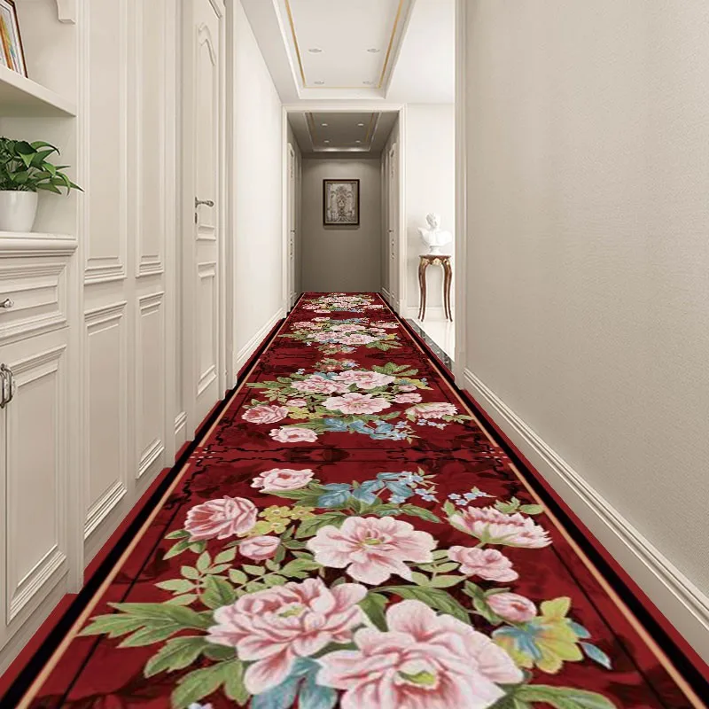 

Reese Red Endless Traditional Chinese Peony Rose Lobby Porch Hallway Corridor Bright Color Carpet Lint-free Living Room Long Rug