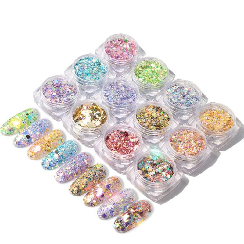 12 Color Light Fantastic Glitter Nail Decoration DIY Nail Art Decal Manicure Polish Sequins Nail Wraps Decal Fake Nails Patch