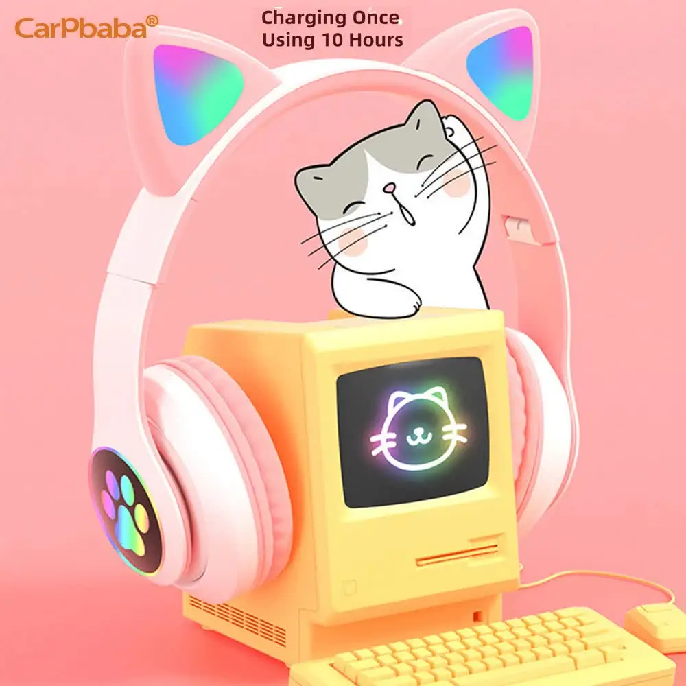 STN28 Wholesale Cute Wireless Bluetooth Headset LED Cat Ears Foldable Stereo Headphones Game Over the Ear Music Kids Earphones