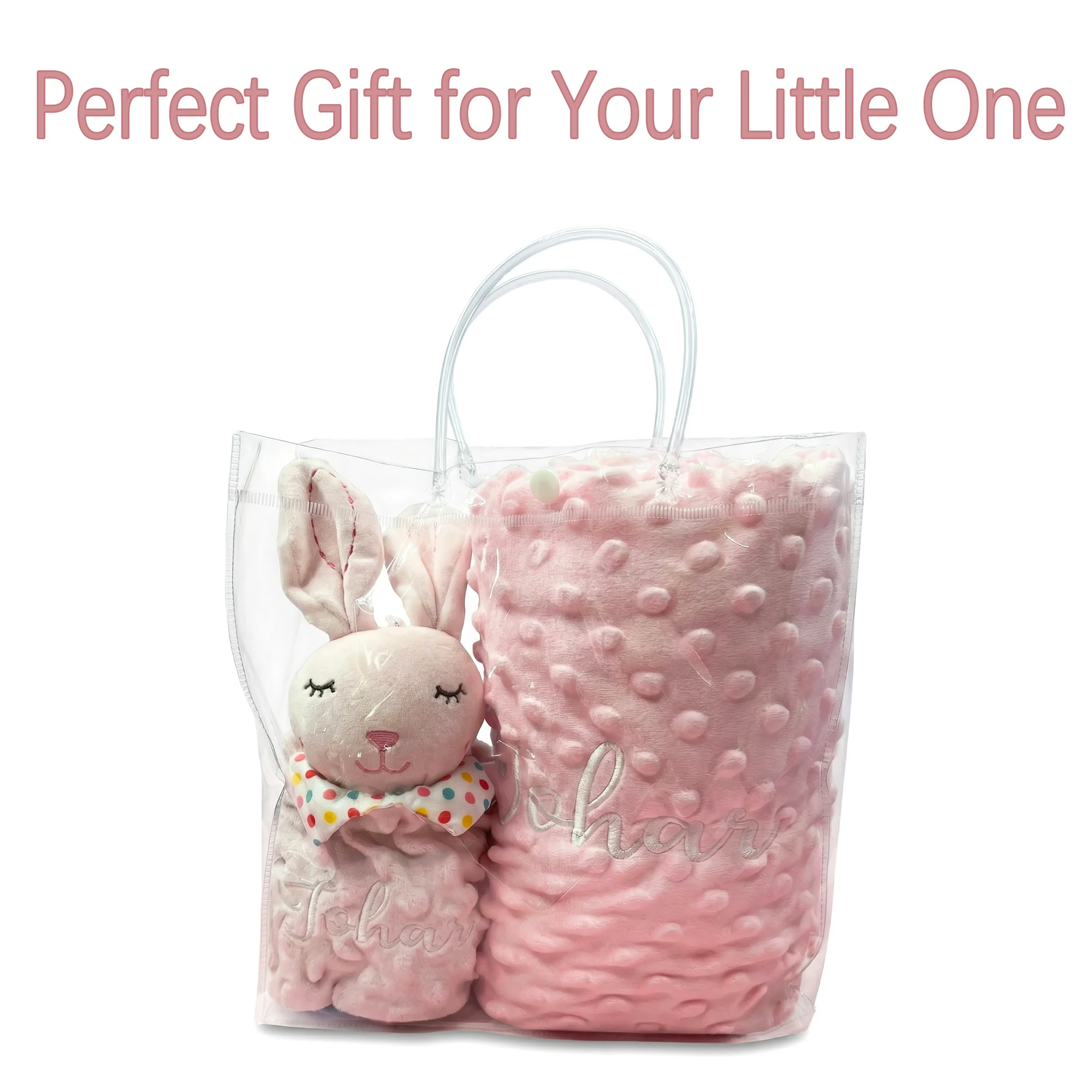 Personalisiertes Minky-Babydecken- & Hasen-Schmusetuch-Set mit individuellem Namen, bestickt, weich, beruhigend für Neugeborene, Geschenk zur Babyparty – Detail 6