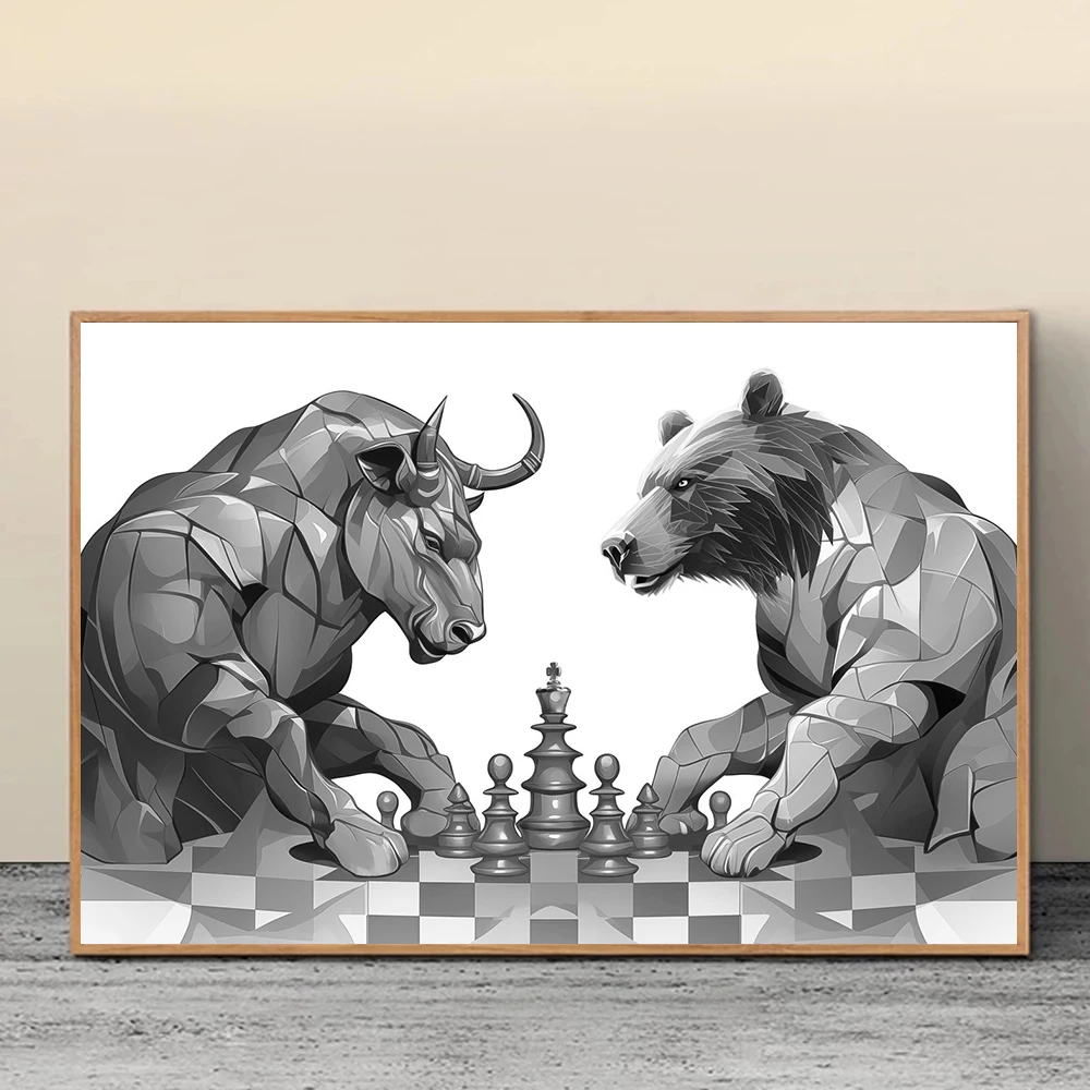 Black White Bull Bear Playing Chess Stock Market Chess Poster Canvas Painting Print for Living Room Home Wall Decoration