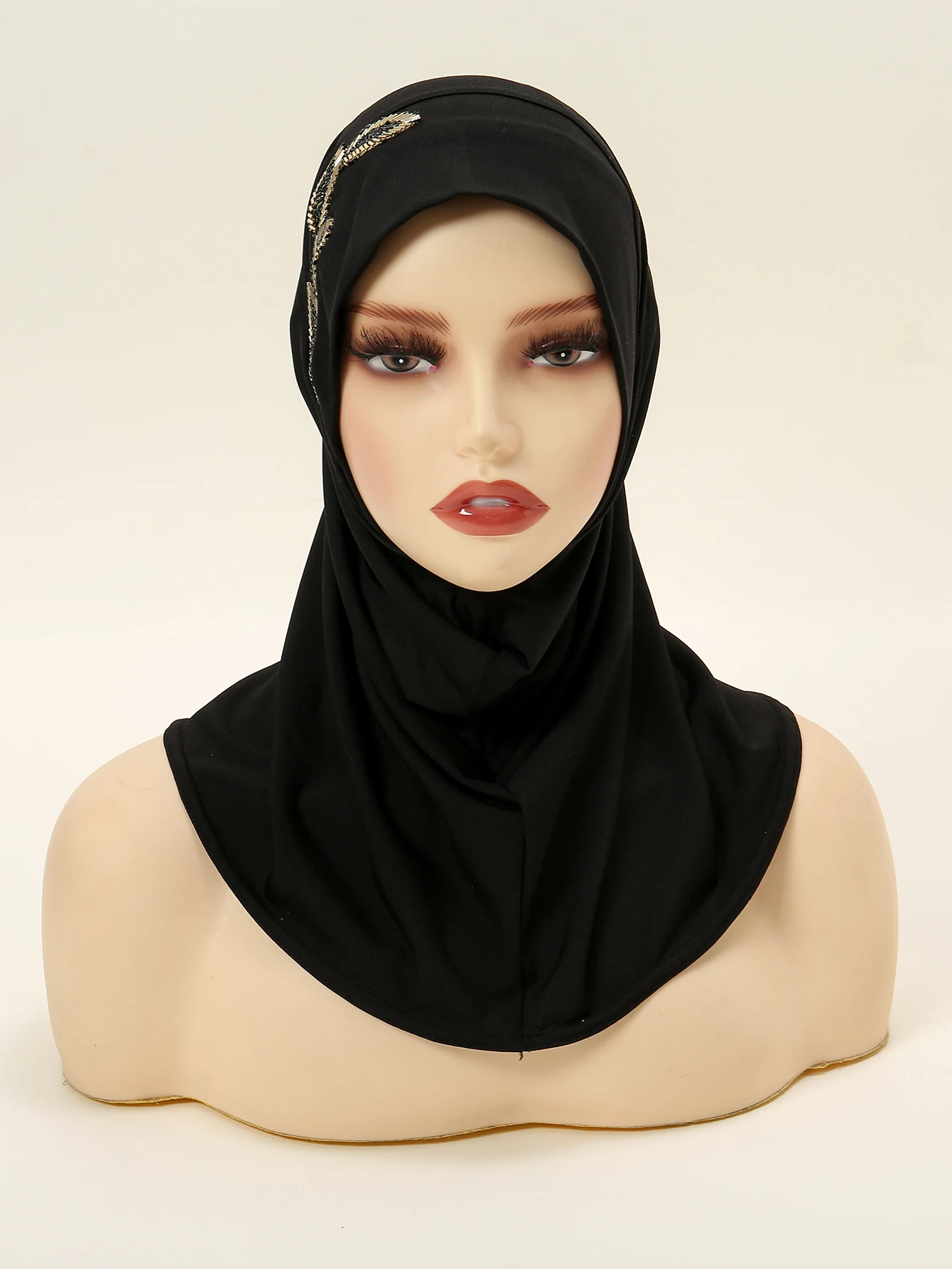 Ready To Go wear Instant Hijab for Ladies Premium Jersey Scarf Rhinestone Leaf Muslim Underscarf Nech Cover Pinless Bead Hijabs