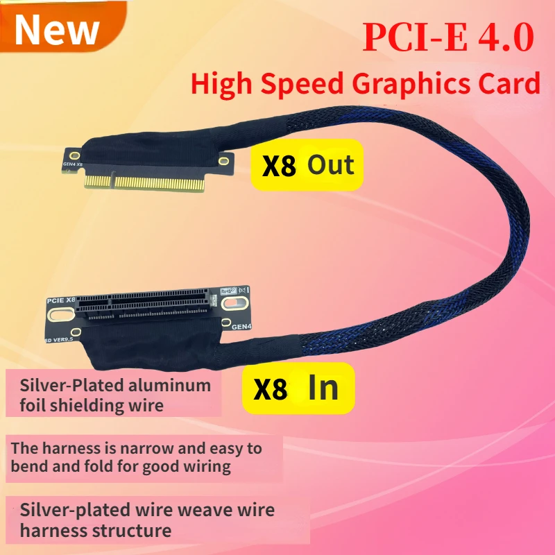 

PCI-E 4.0 X8 Extension Cable Braided Mesh Silver-Plated Adapter Cable Built-in AI Server 8X GEN4 Video Card GPU Chassis Extender