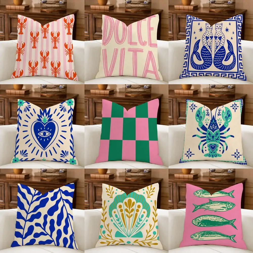 Lobster Sardine Shell Art Pink Cushion Cover Natural Breathable Durable Linen Printed Decor Pillow Case Sofa Bedroom