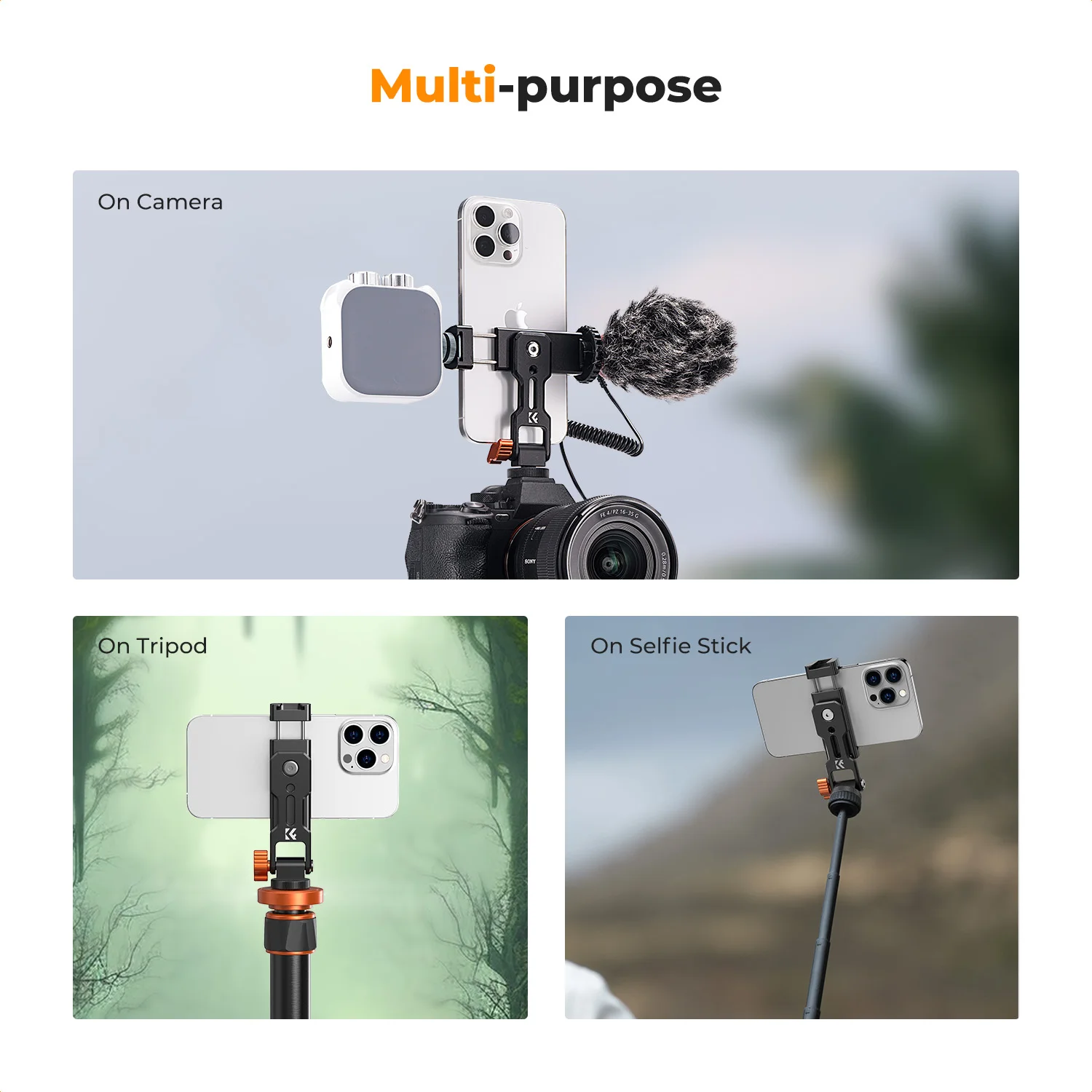 K&F CONCEPT Metal Phone Tripod Mount Universal Smartphone Stand 2 Cold Shoe Mount Adjustable Cellphone Holder for Huawei iPhone