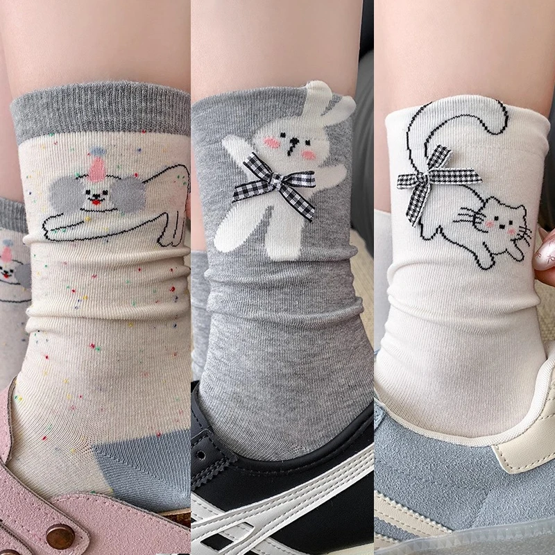 

Новые женские носки с котом в горошек, носки до середины икры, дышащие милые милые носки в корейском стиле с мультяшным дизайном, милые студенческие хлопковые носки
