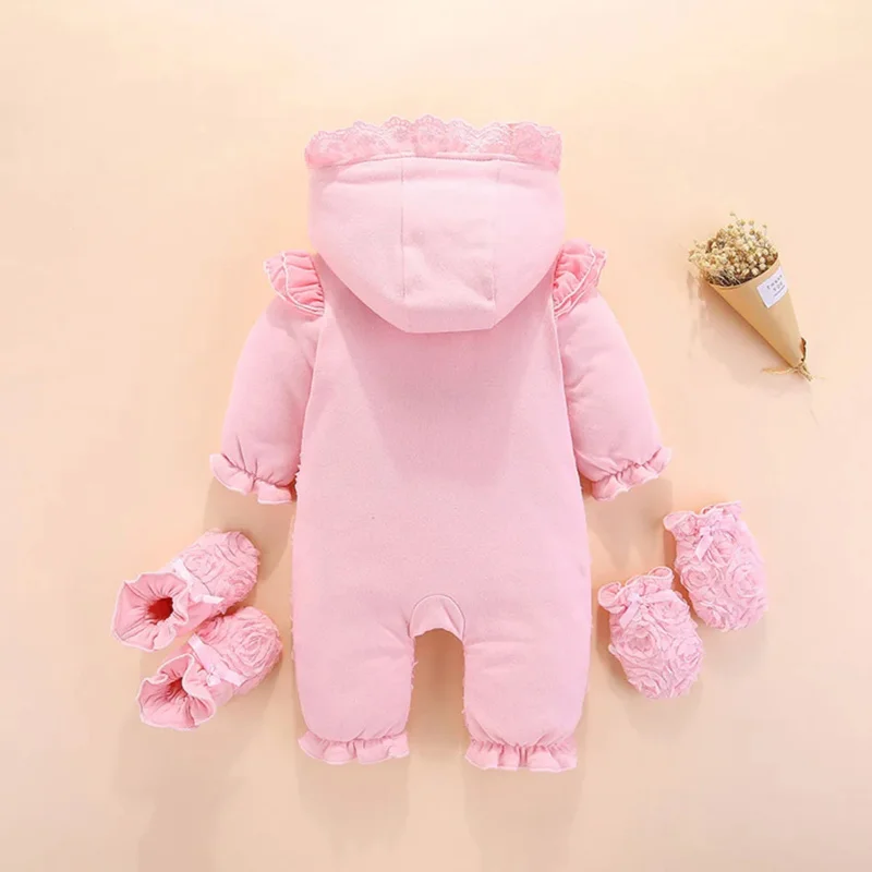 Baby Hooddied Jumpsuit 0 3 6 9 Months Infant Romper Newborn Baby Girl Clothes Fall Cotton Lace Princess Style Socks Headband rop