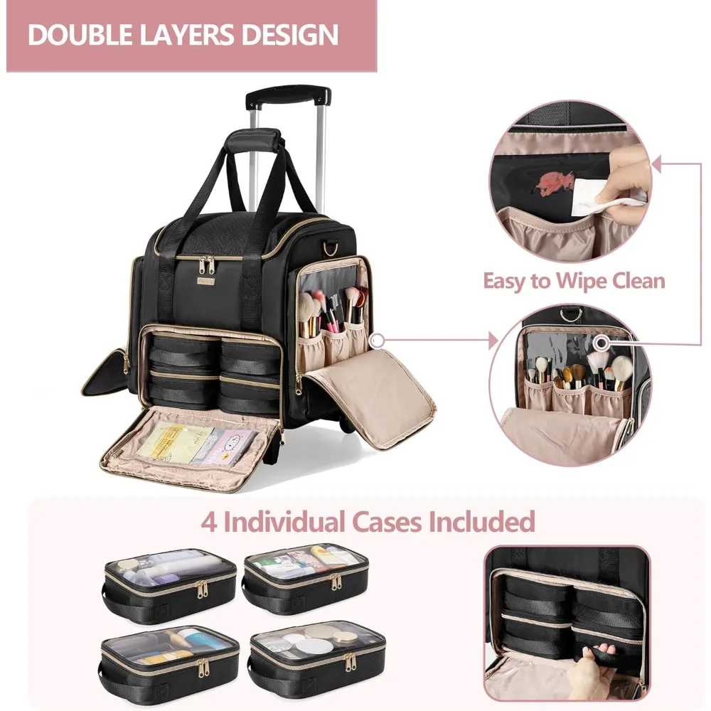 Trousse de maquillage professionnelle à roulettes avec 4 sacs amovibles, roulettes et rangement pour pinceaux au design breveté noir
