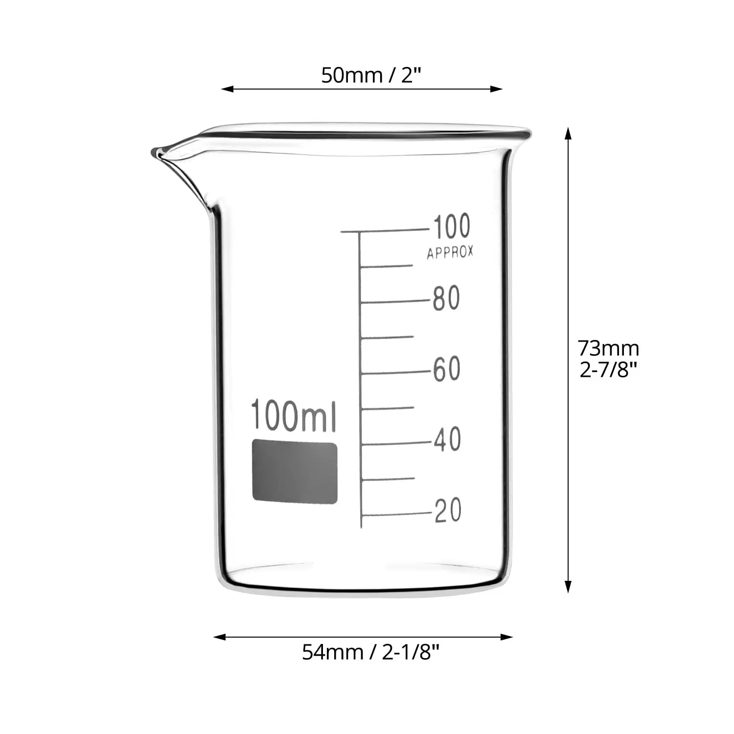 Sturdy glass beaker, 100 ml, with printed graduations and large marking points.