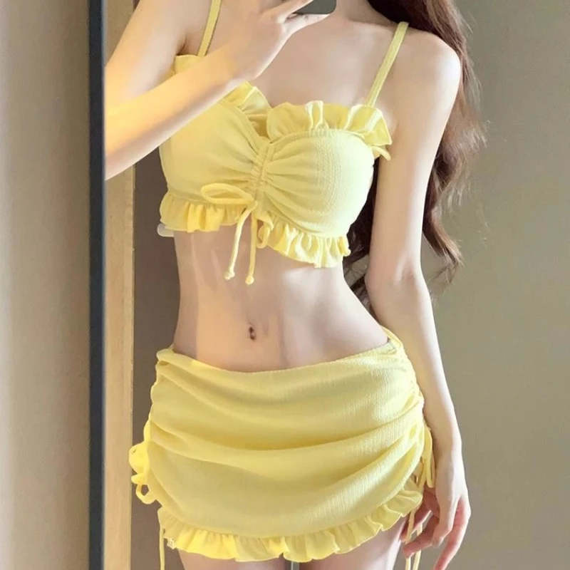 

Spicy Girl Fashion Sling Shorts Two-piece Set Women Collarbone Lace Up Shirring Sleeveless Summer Solid Slim Swim Beach Suit