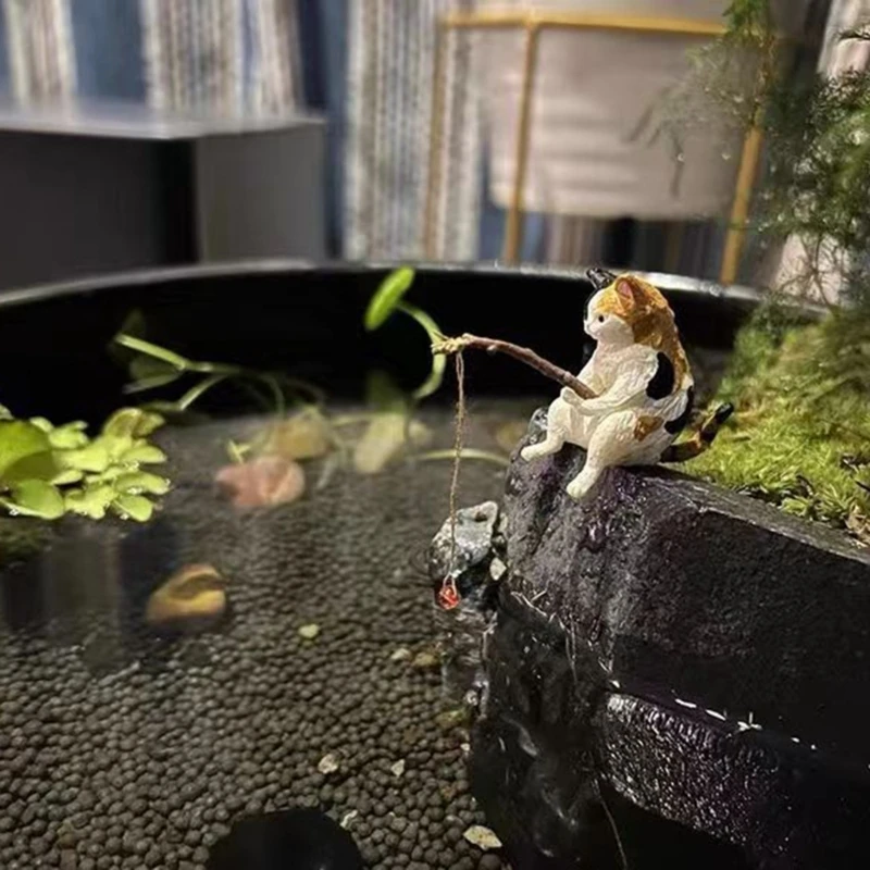 GJ Animal Aquarium Decorations Miniature Fishing Cat Figurines Set Safe Material Decoration for Small Medium Fish Tanks