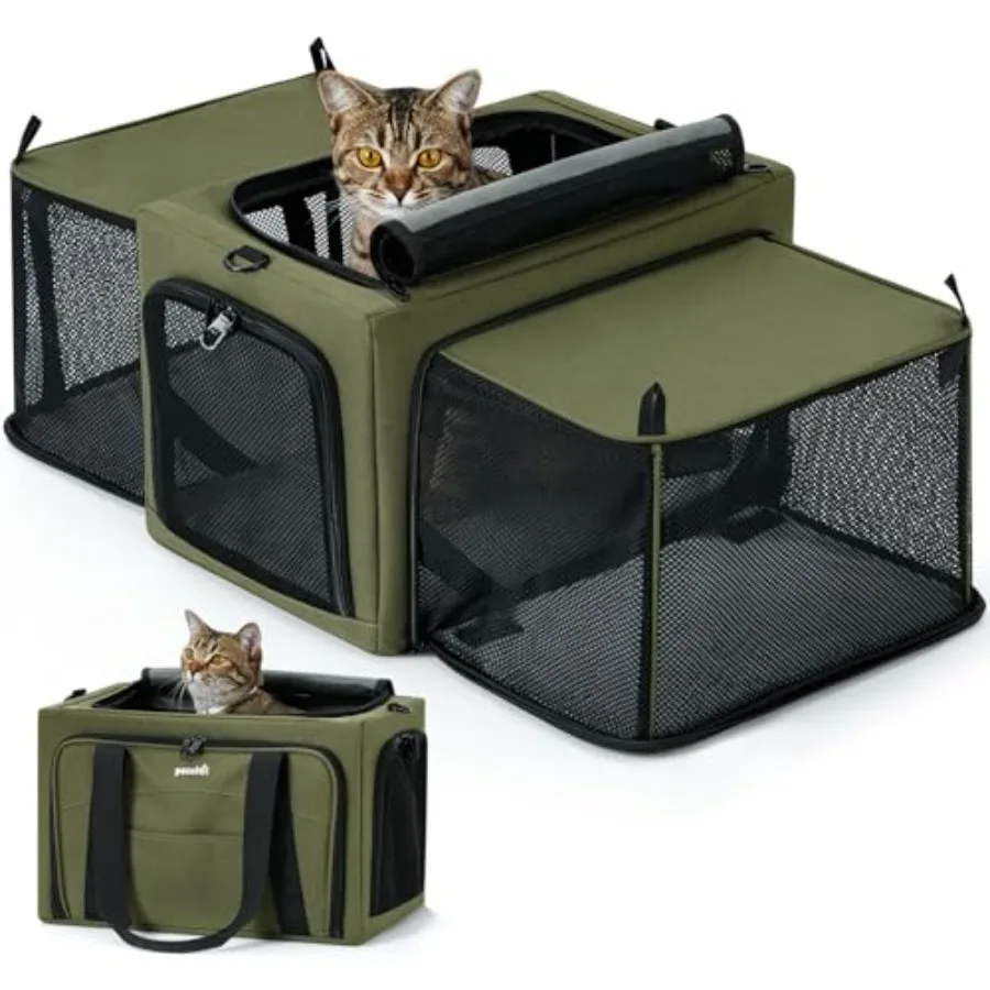 

Expandable Cat Carrier with 5mm Thick Steel Wire Frame Dual-Side 200 Larger Space Green Car Travel Carrier with Locking Zippers