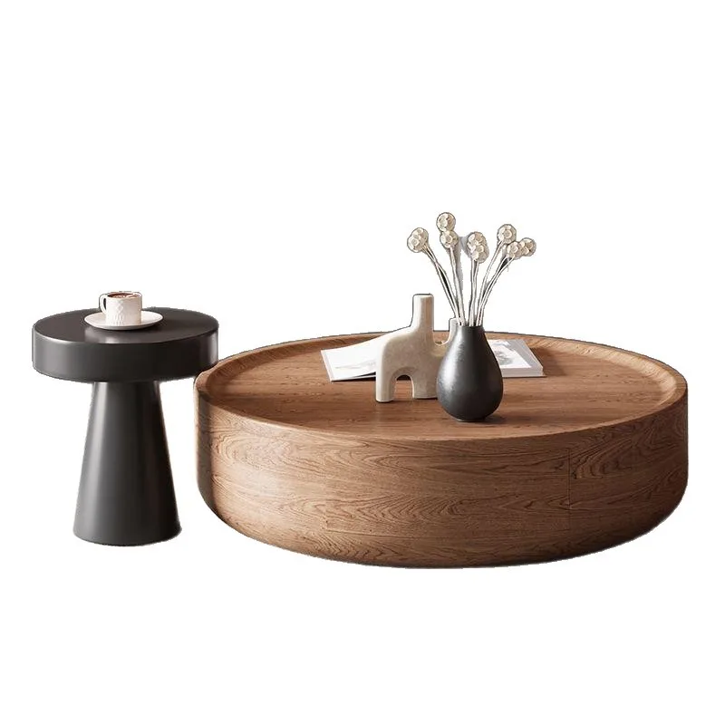 Walnut color Italian antique combination solid wood household round coffee table small apartment modern high-end living room